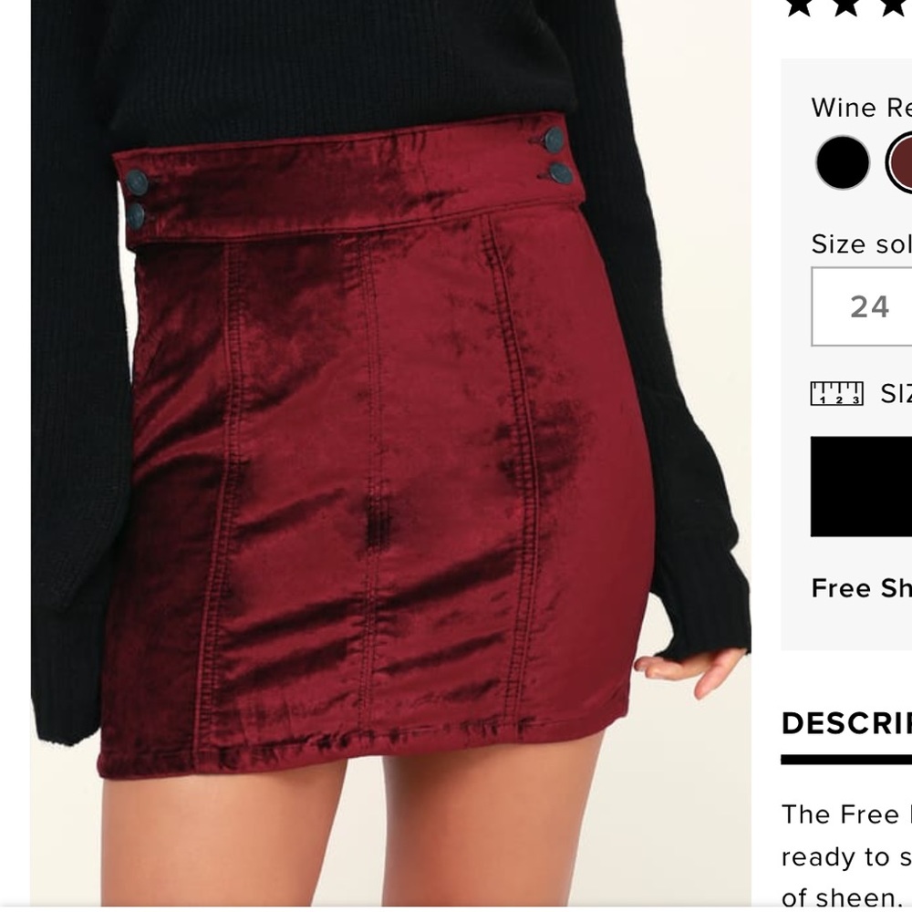 Free People Red Velvet Skirt NWT Size 27
